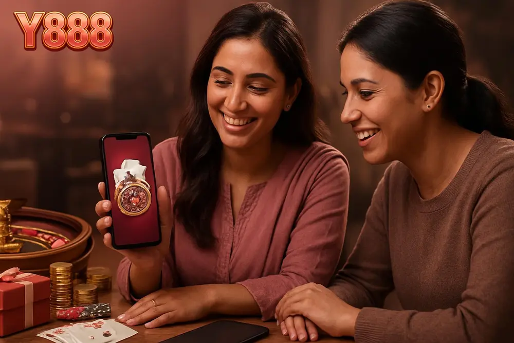 Y888 App — a Pakistani woman showing her phone screen to a friend while both smile over a mobile app at a cafe table