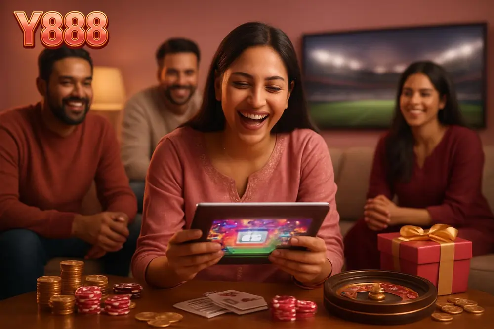 Y888 Games โ a Pakistani woman laughing while playing a colorful tablet game surrounded by friends in a living room Y888 Games โ a Pakistani woman laughing while playing a colorful tablet game surrounded by friends in a living room