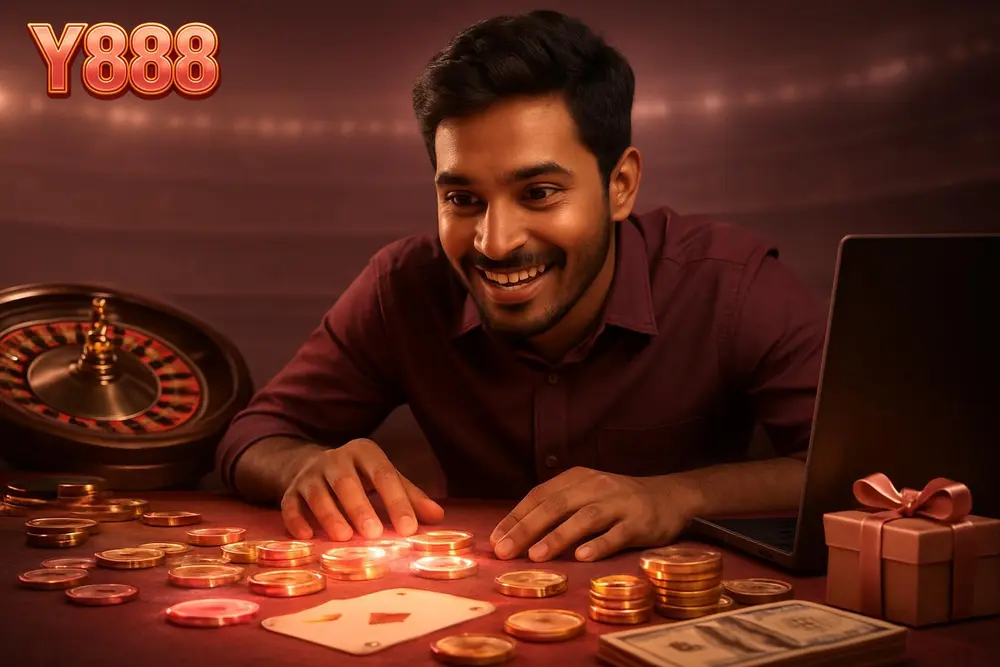 Y888 Games โ a young Pakistani man leaning over a table smiling as glowing game chips and cards are spread before him Y888 Games โ a young Pakistani man leaning over a table smiling as glowing game chips and cards are spread before him