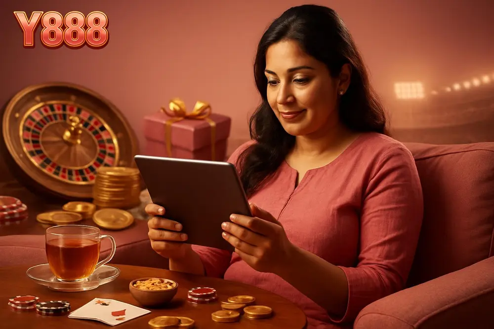 Y888 Pakistan — a Pakistani woman relaxing on a sofa browsing a gaming app on her tablet with tea and snacks nearby