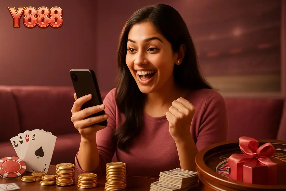 Y888 Register — a young Pakistani woman holding her phone showing an excited expression after completing an account