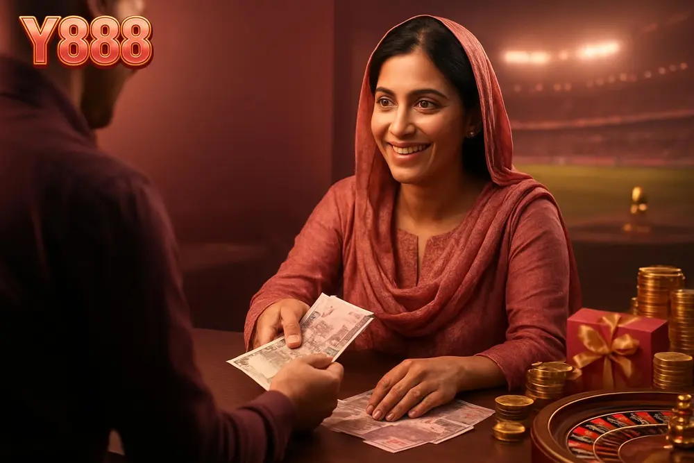 Y888 Withdraw โ a Pakistani woman receiving a cash payout at a shop counter with local currency notes spread on the Y888 Withdraw โ a Pakistani woman receiving a cash payout at a shop counter with local currency notes spread on the