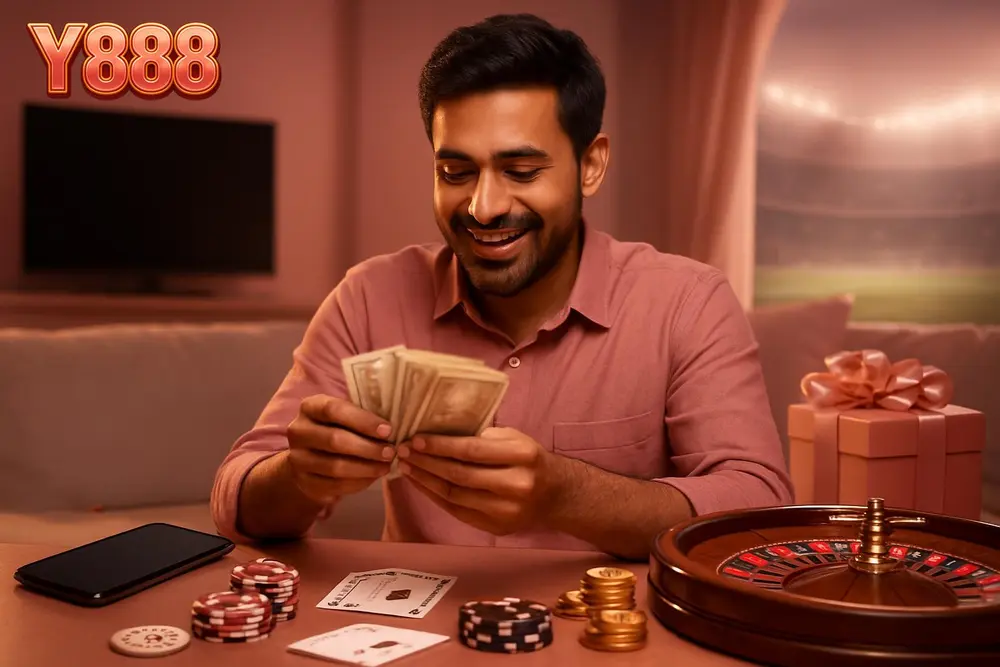 Y888 Withdraw โ a happy Pakistani man counting banknotes at home after receiving a payout on his mobile wallet Y888 Withdraw โ a happy Pakistani man counting banknotes at home after receiving a payout on his mobile wallet
